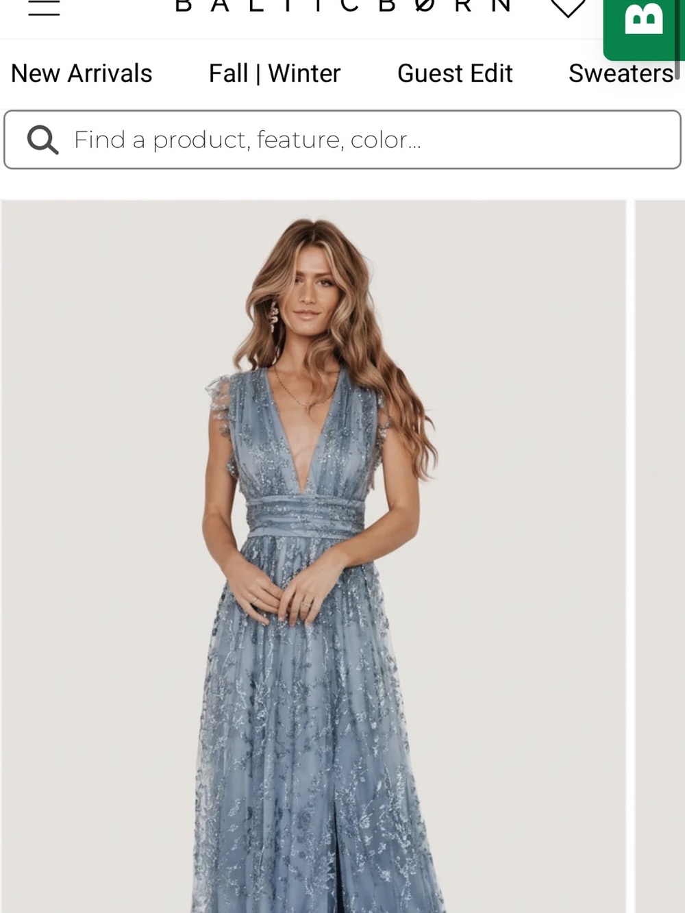 Baltic Born Dusty Blue Beaded V-Neck Prom Gown